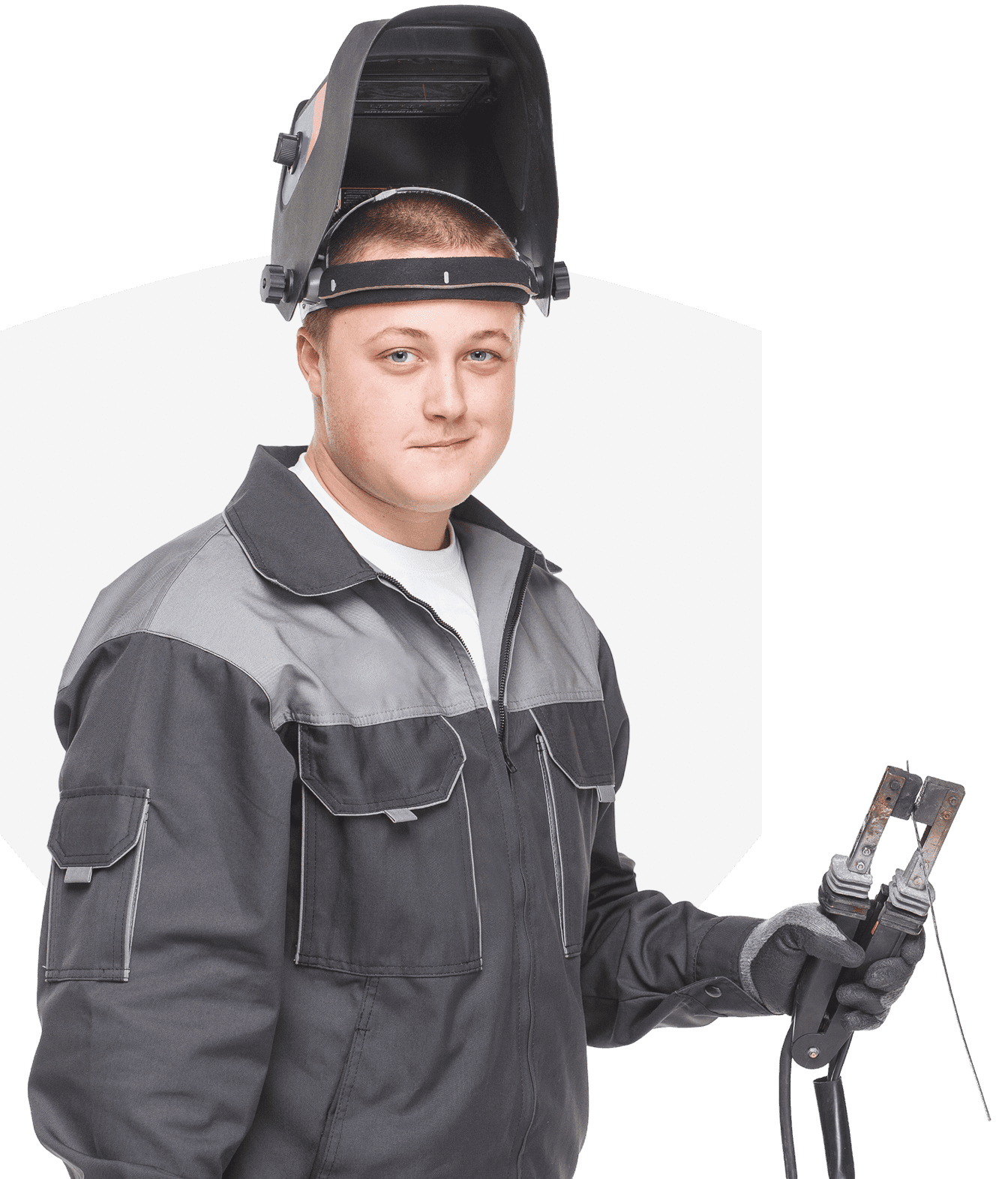 A person wearing a welding helmet and gloves holds welding equipment, standing in front of a white background.