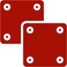 Two red, overlapping dice with four dots each, showing a four side facing forward.